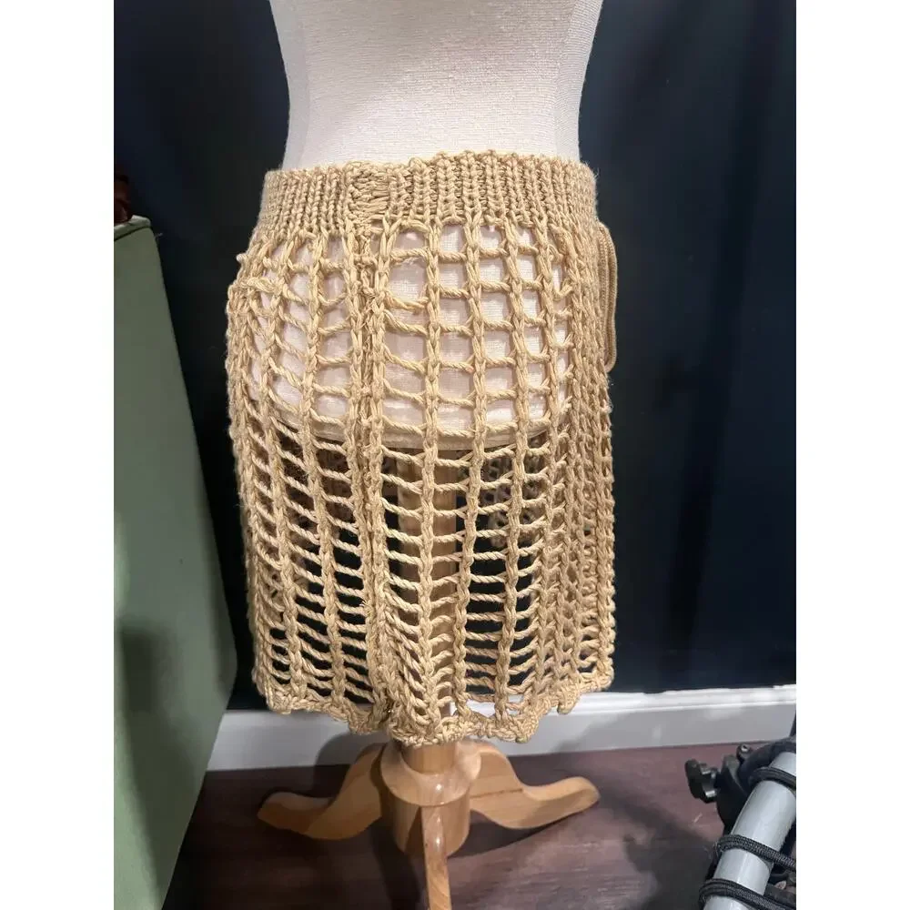 Crochet Hand Made Beige Mini Skirt Knit Cover Up Swim Drawstring Net Skirt Boho